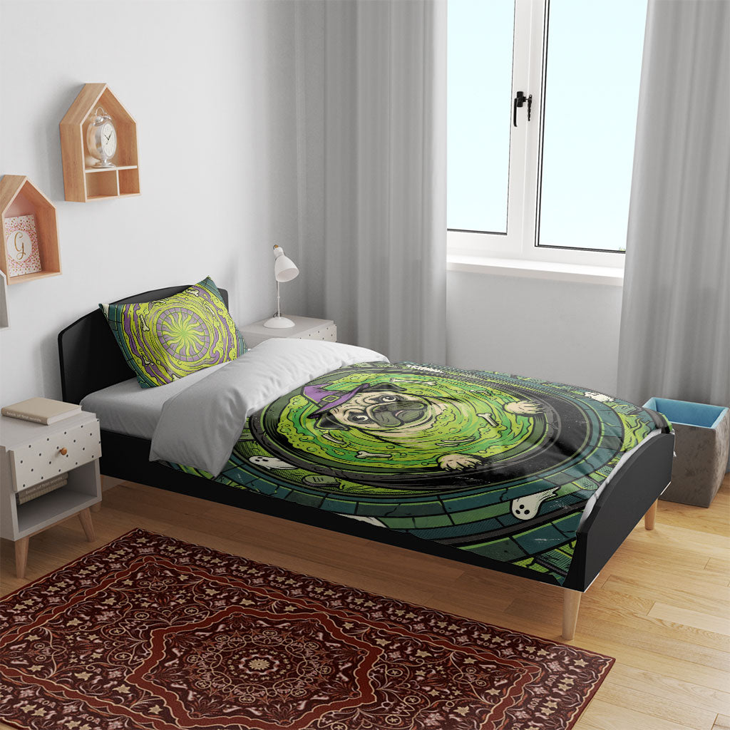 3D Illusion Pug Halloween Bedding Set Witch Puppy Bubbling Green Cauldron
