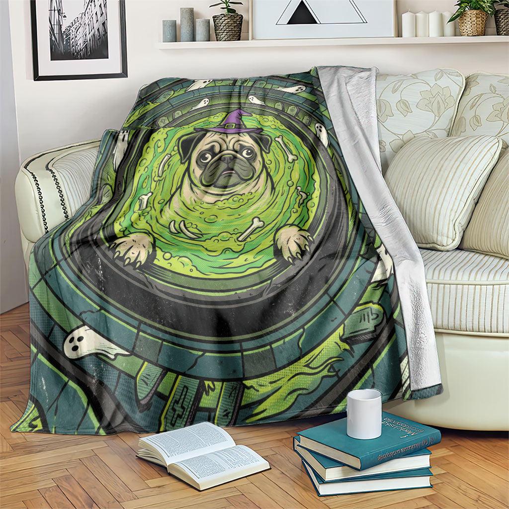 3D Illusion Pug Halloween Blanket Witch Puppy Bubbling Green Cauldron