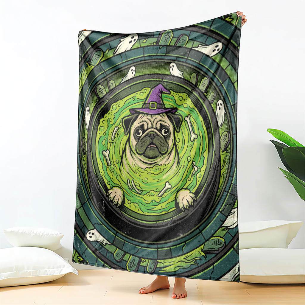 3D Illusion Pug Halloween Blanket Witch Puppy Bubbling Green Cauldron