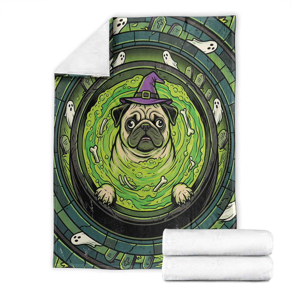 3D Illusion Pug Halloween Blanket Witch Puppy Bubbling Green Cauldron