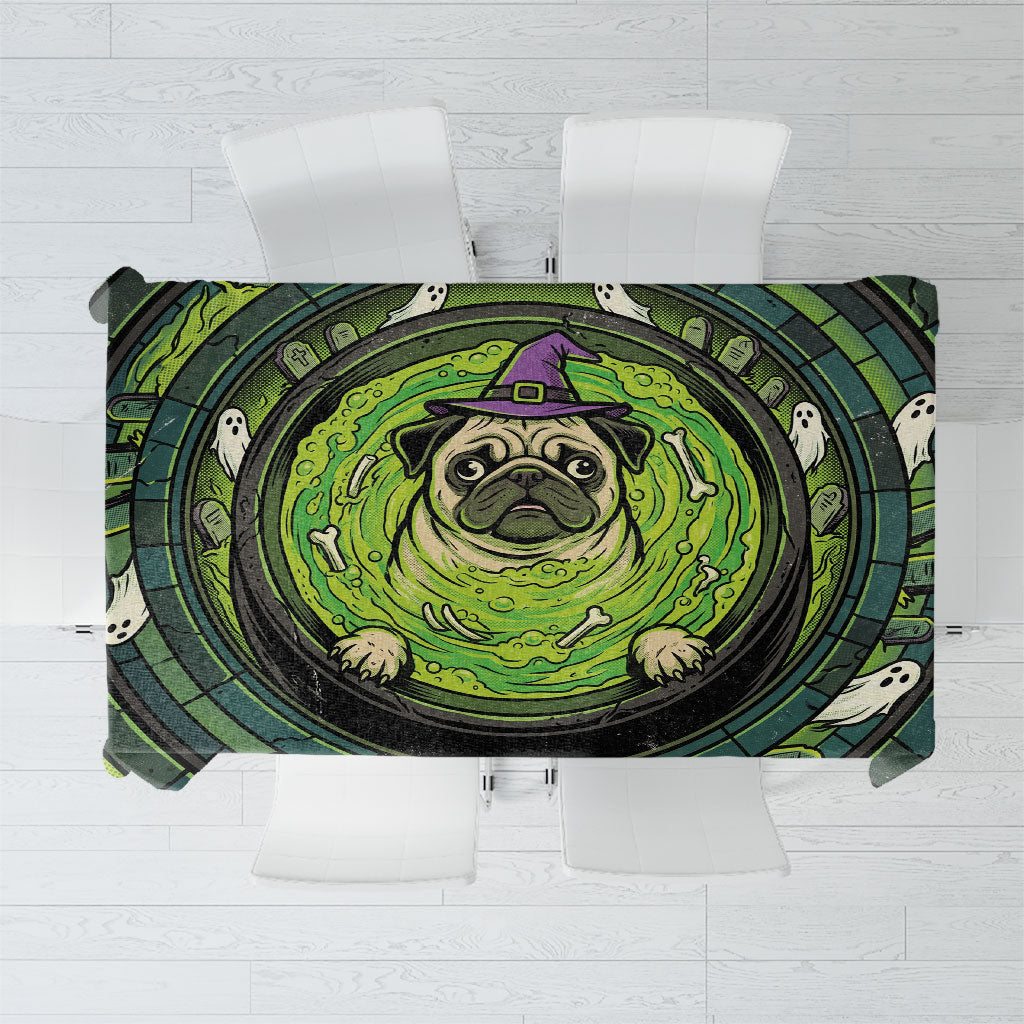3D Illusion Pug Halloween Tablecloth Witch Puppy Bubbling Green Cauldron