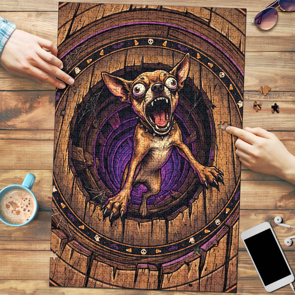 3D Illusion Chihuahua Halloween Puzzle Crazy Puppy Purple Vortex Wooden Well