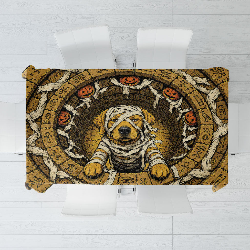 3D Illusion Golden Halloween Tablecloth Mummy Retriever Egyptian Stone Tomb