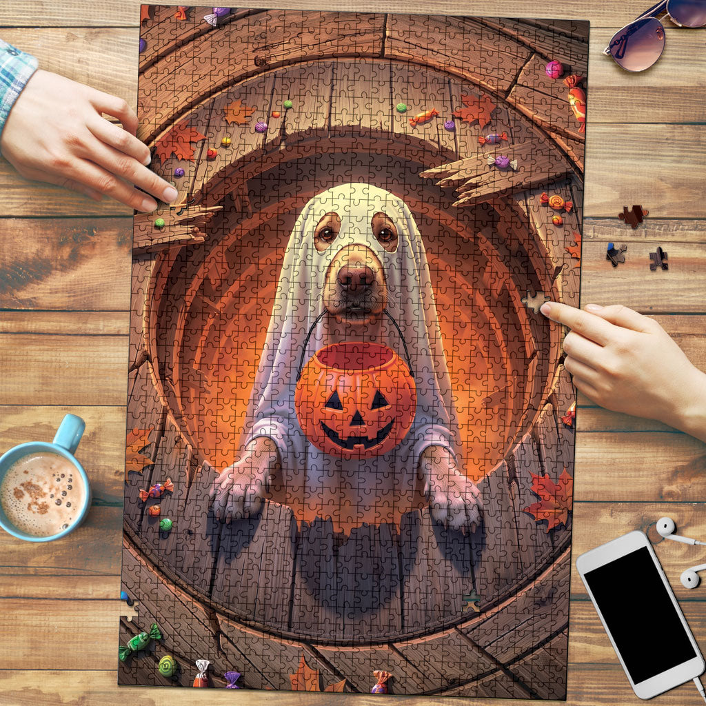 3D Illusion Labrador Halloween Puzzle Ghost Puppy Pumpkin Bucket Wooden Well