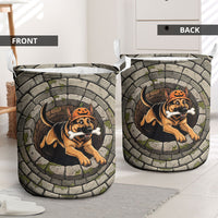 3D Illusion German Shepherd Halloween Laundry Basket Pumpkin Hat Puppy Bone Stone Well