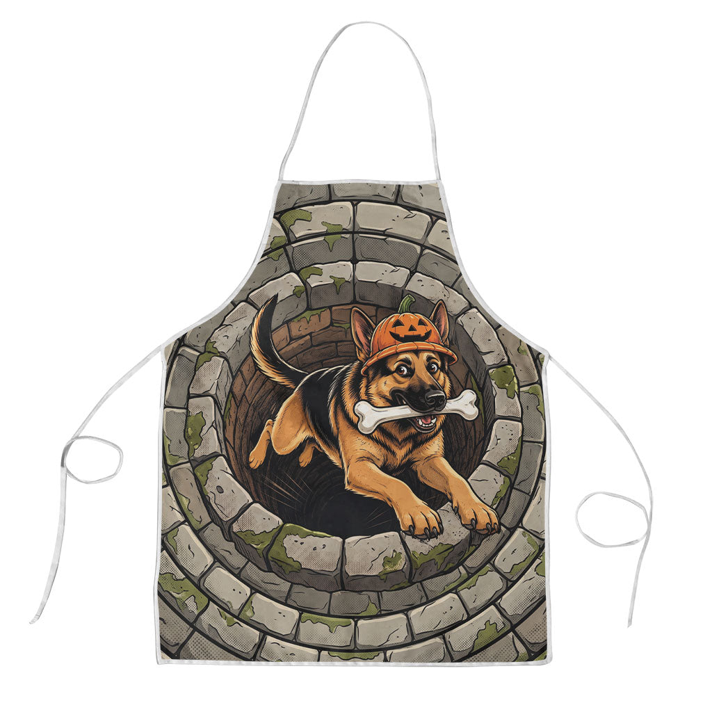3D Illusion German Shepherd Halloween Apron Pumpkin Hat Puppy Bone Stone Well