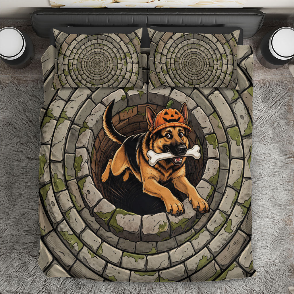 3D Illusion German Shepherd Halloween Bedding Set Pumpkin Hat Puppy Bone Stone Well