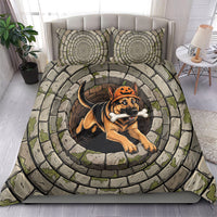 3D Illusion German Shepherd Halloween Bedding Set Pumpkin Hat Puppy Bone Stone Well