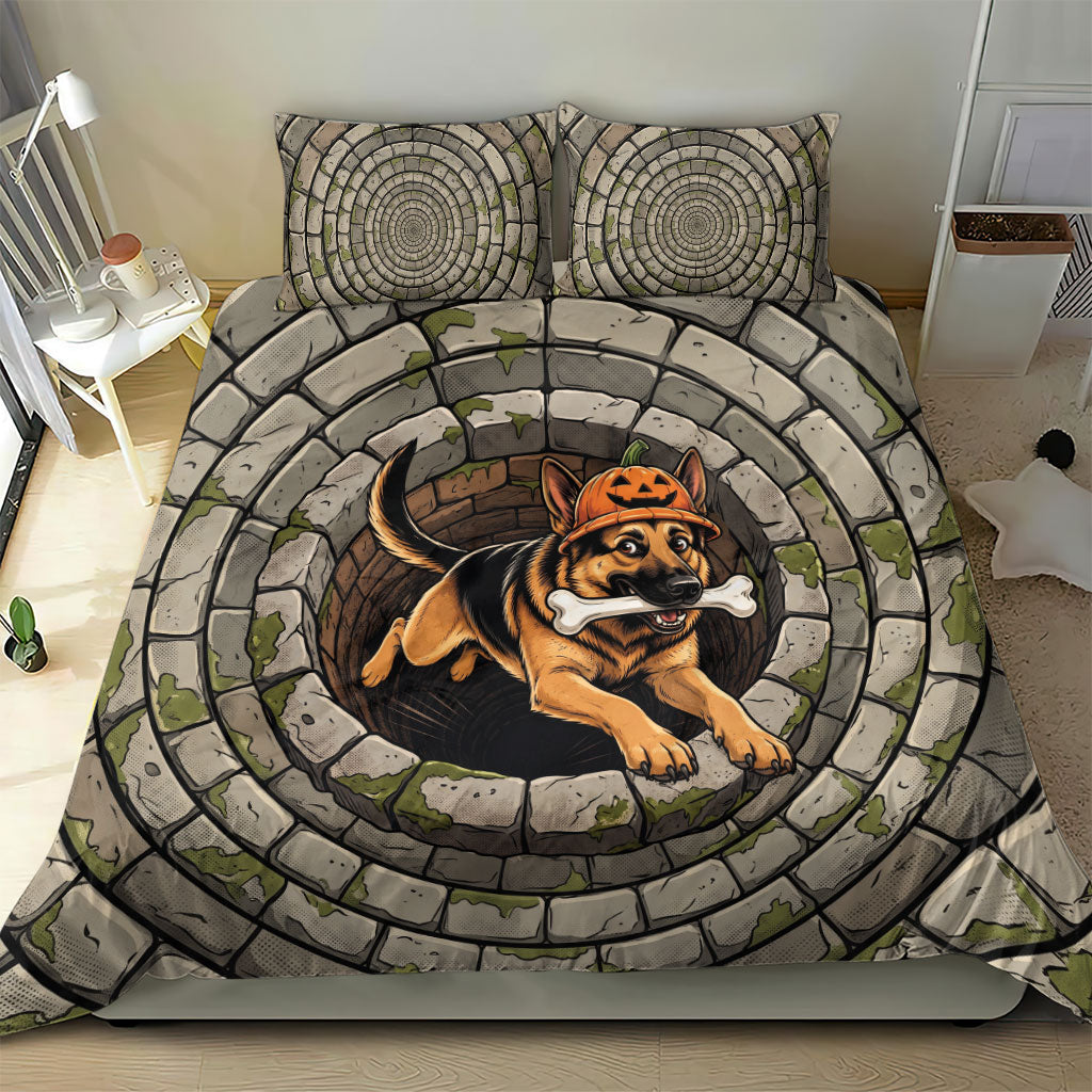 3D Illusion German Shepherd Halloween Bedding Set Pumpkin Hat Puppy Bone Stone Well