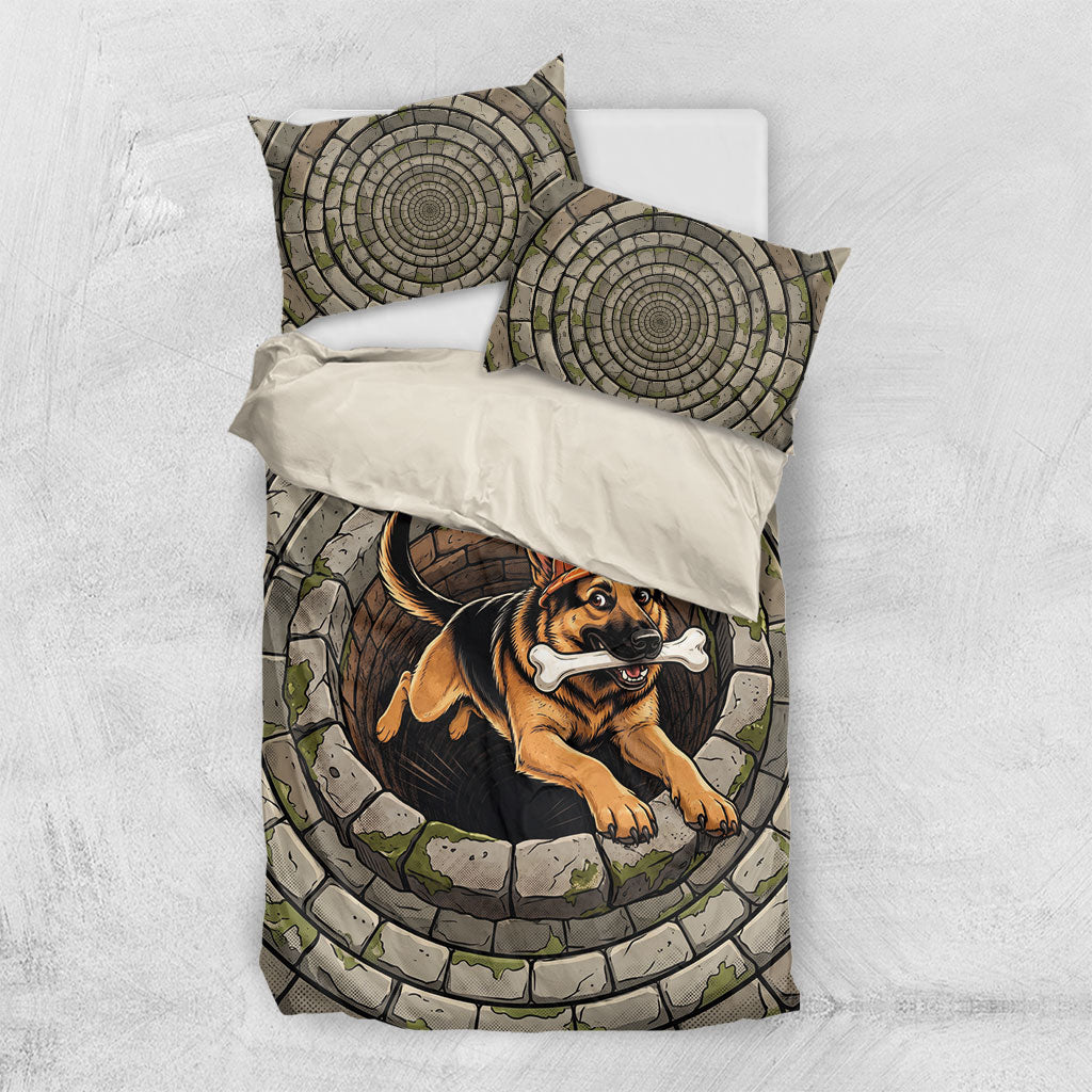 3D Illusion German Shepherd Halloween Bedding Set Pumpkin Hat Puppy Bone Stone Well