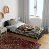 3D Illusion German Shepherd Halloween Bedding Set Pumpkin Hat Puppy Bone Stone Well