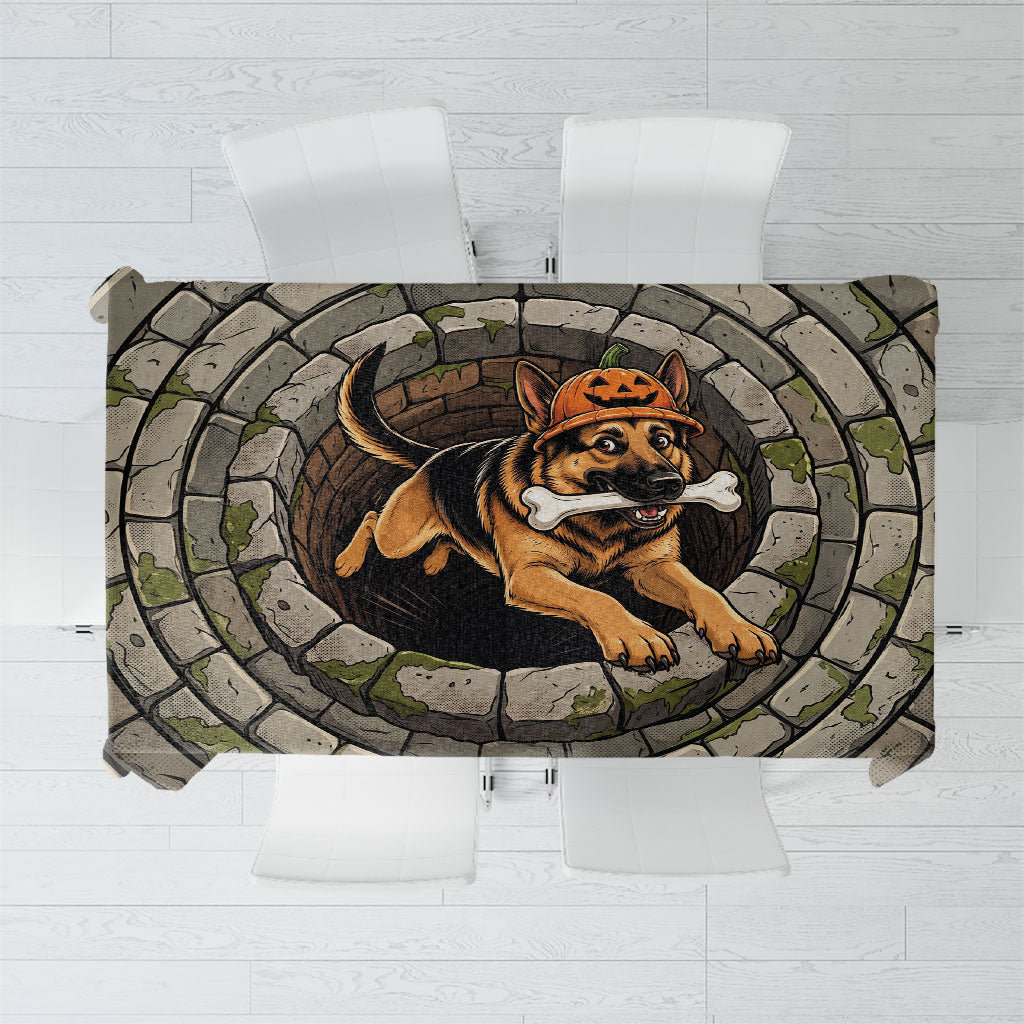 3D Illusion German Shepherd Halloween Tablecloth Pumpkin Hat Puppy Bone Stone Well