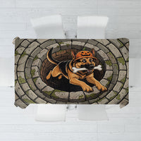 3D Illusion German Shepherd Halloween Tablecloth Pumpkin Hat Puppy Bone Stone Well