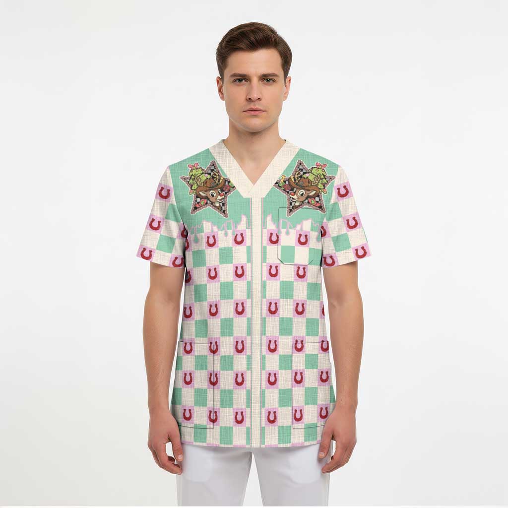 Western Yoke Scrub Top Rudolph Cowboy Christmas Retro Style - Wonder Print Shop