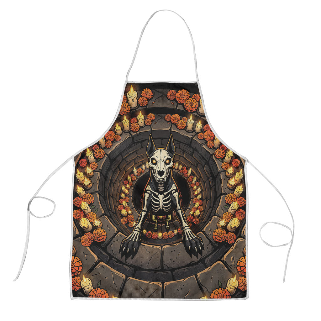 3D Illusion Day Of The Dead Apron Skeleton Xoloitzcuintli Marigold Candle Well