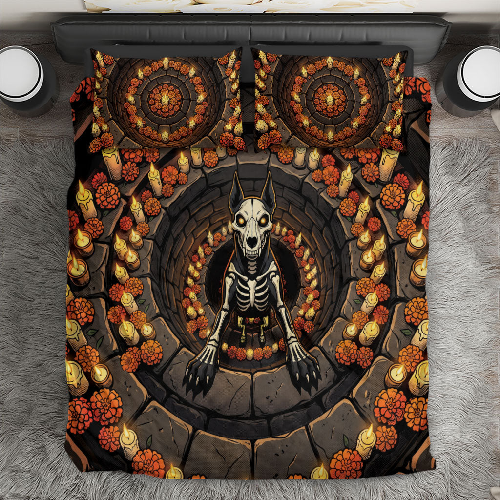 3D Illusion Day Of The Dead Bedding Set Skeleton Xoloitzcuintli Marigold Candle Well