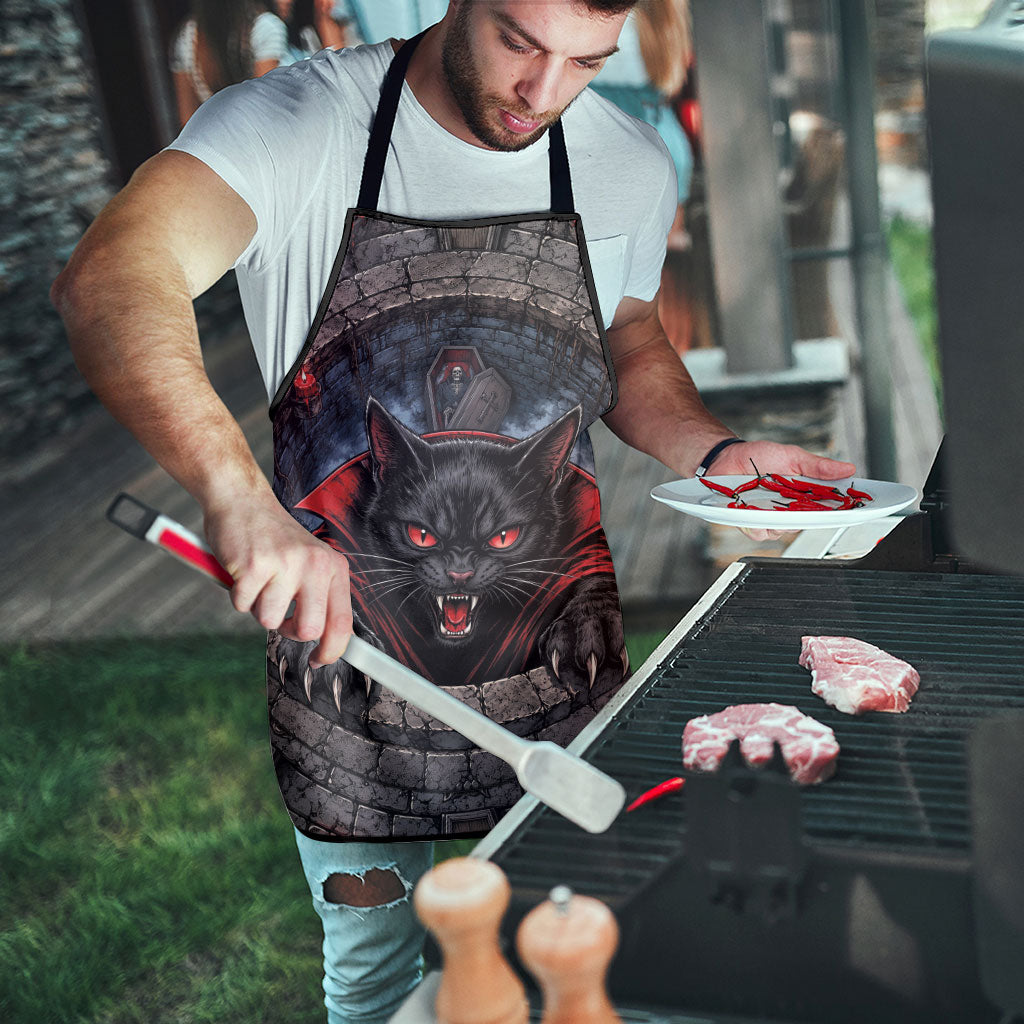 3D Illusion Black Cat Halloween Apron Vampire Feline Gothic Coffin Crypt
