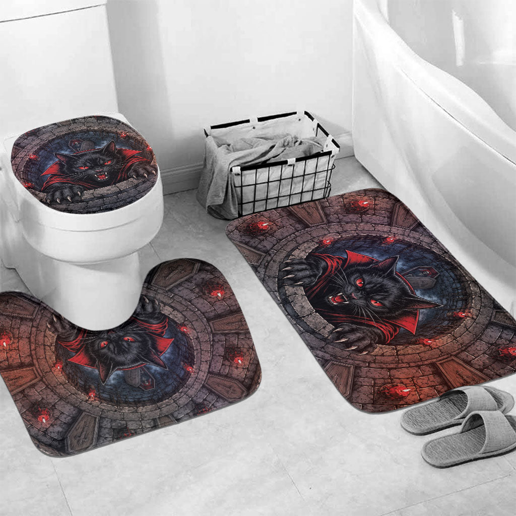 3D Illusion Black Cat Halloween Bathroom Set Vampire Feline Gothic Coffin Crypt
