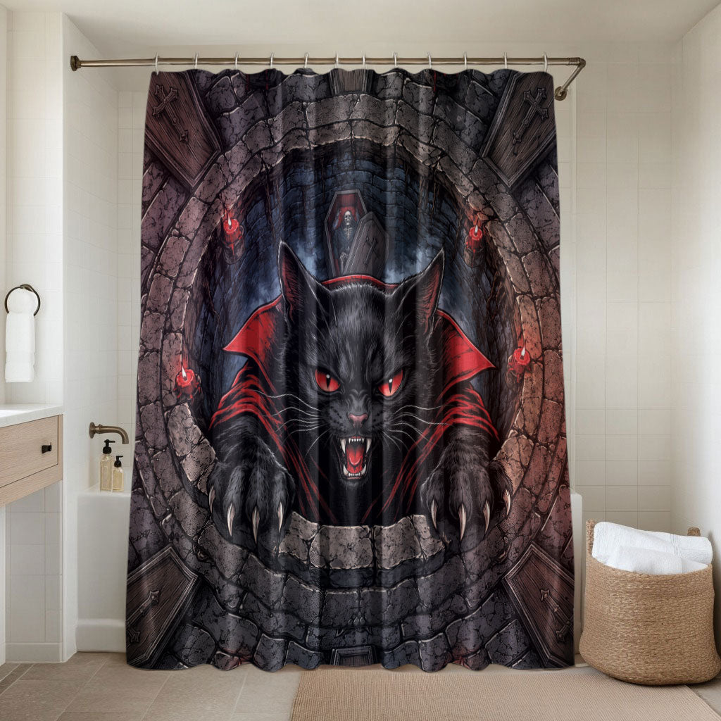 3D Illusion Black Cat Halloween Bathroom Set Vampire Feline Gothic Coffin Crypt