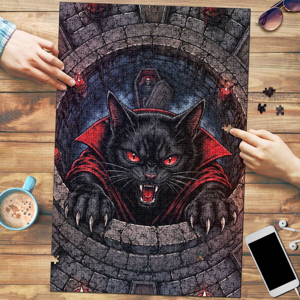 3D Illusion Black Cat Halloween Puzzle Vampire Feline Gothic Coffin Crypt