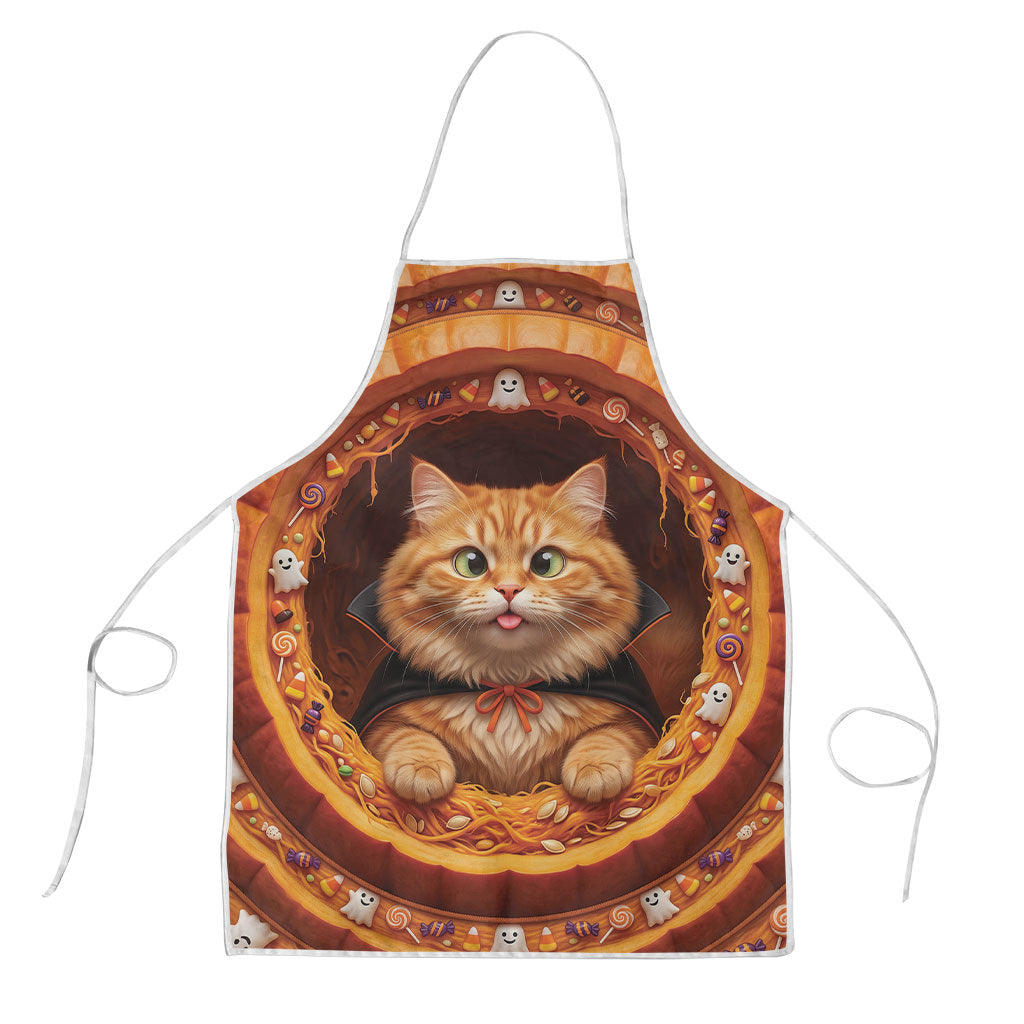 3D Illusion Orange Tabby Cat Halloween Apron Ginger Kitten Vampire Cape Pumpkin Well