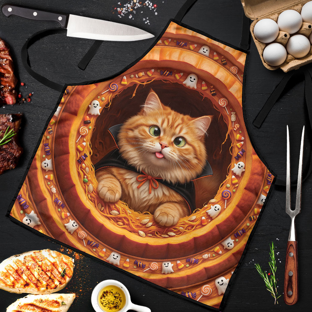 3D Illusion Orange Tabby Cat Halloween Apron Ginger Kitten Vampire Cape Pumpkin Well