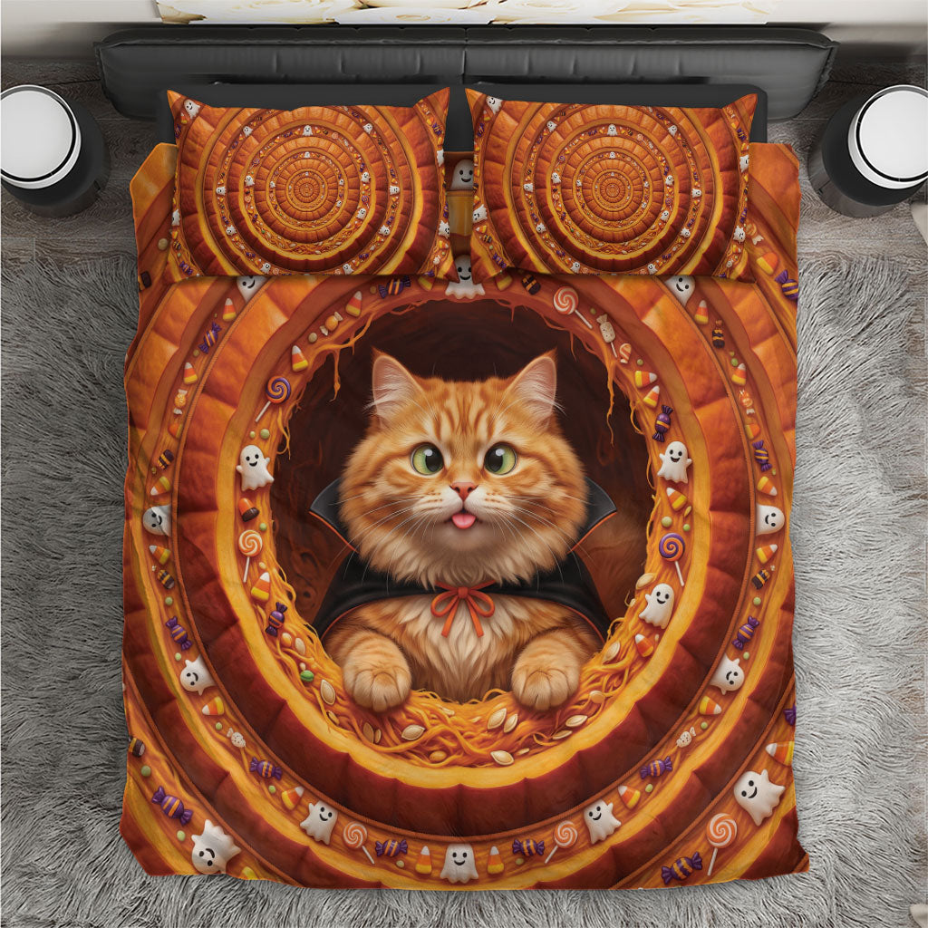 3D Illusion Orange Tabby Cat Halloween Bedding Set Ginger Kitten Vampire Cape Pumpkin Well