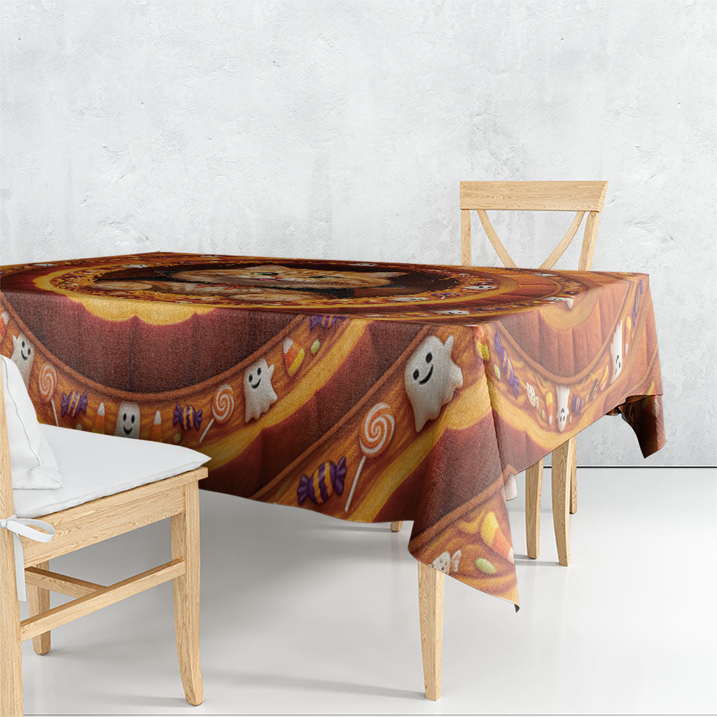 3D Illusion Orange Tabby Cat Halloween Tablecloth Ginger Kitten Vampire Cape Pumpkin Well