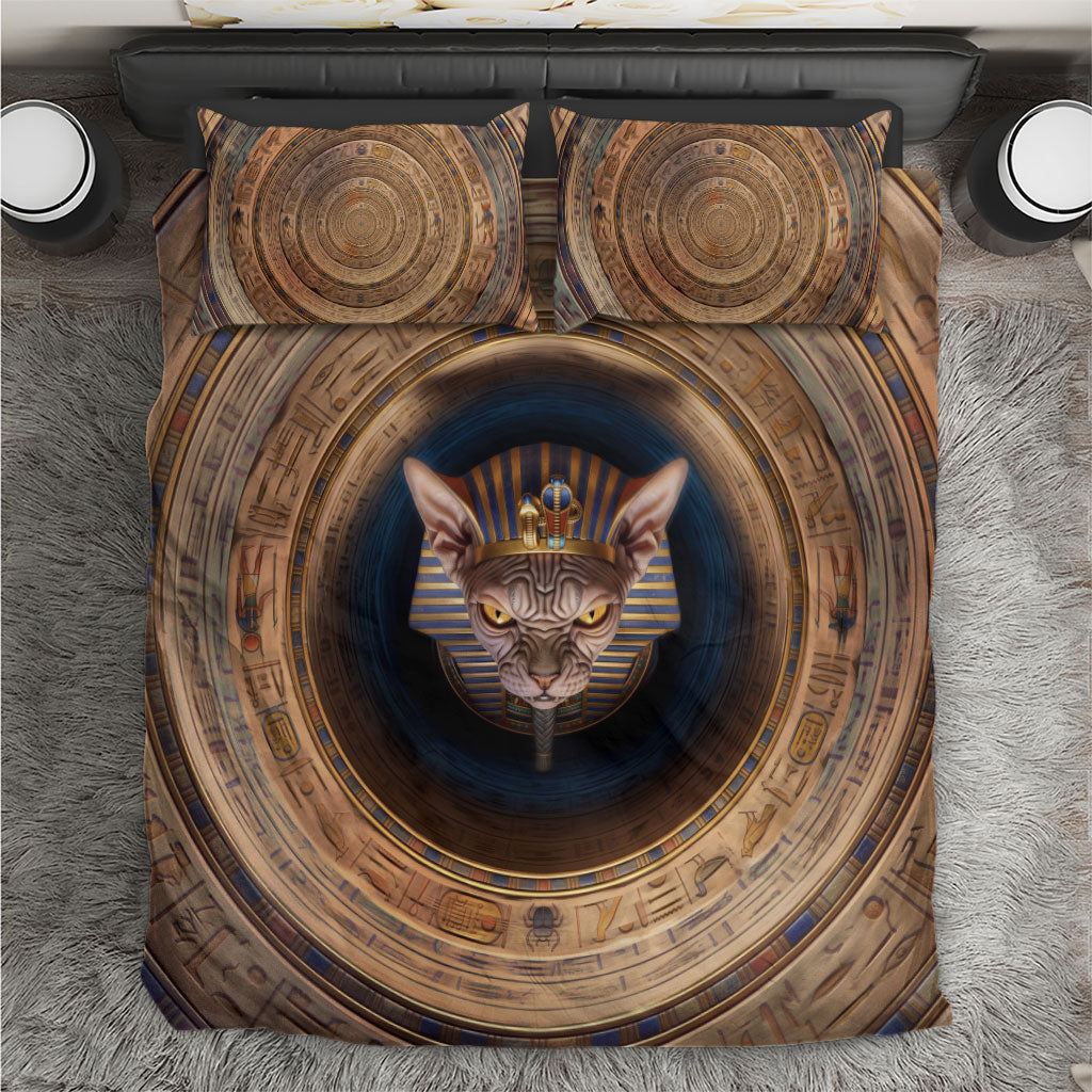 3D Illusion Hairless Sphynx Cat Halloween Bedding Set Egyptian Pharaoh Feline Gold Tomb