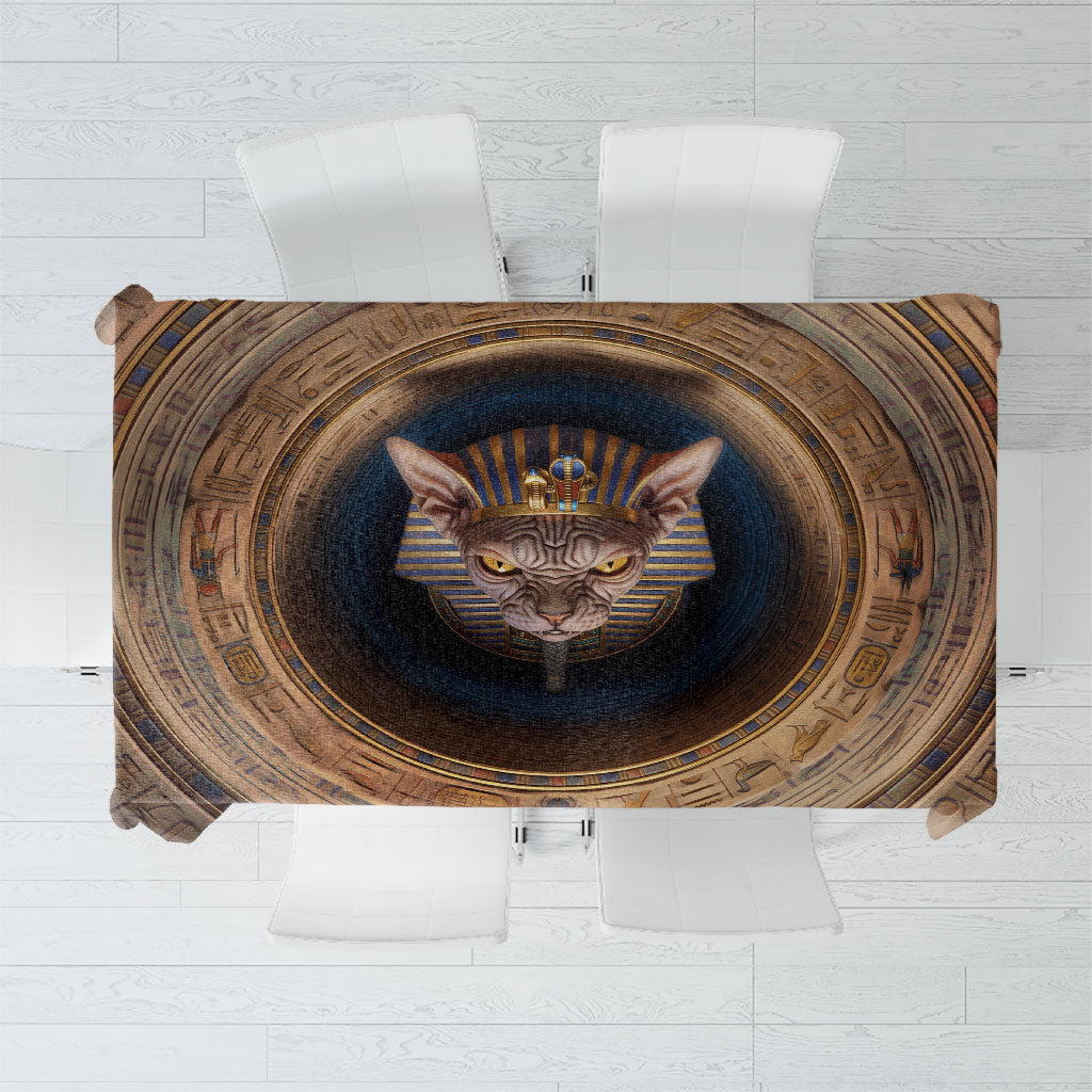 3D Illusion Hairless Sphynx Cat Halloween Tablecloth Egyptian Pharaoh Feline Gold Tomb