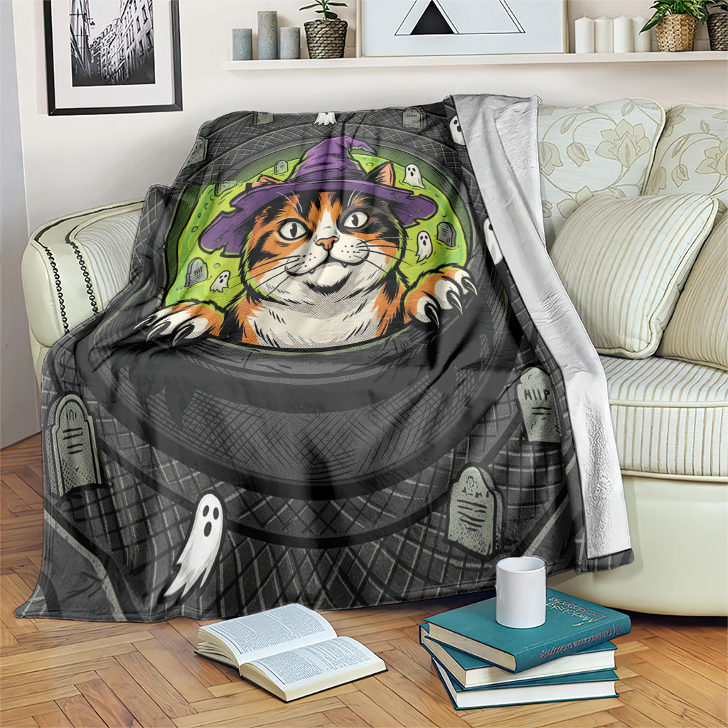 3D Illusion Calico Cat Halloween Blanket Witchy Meow Feline Green Cauldron