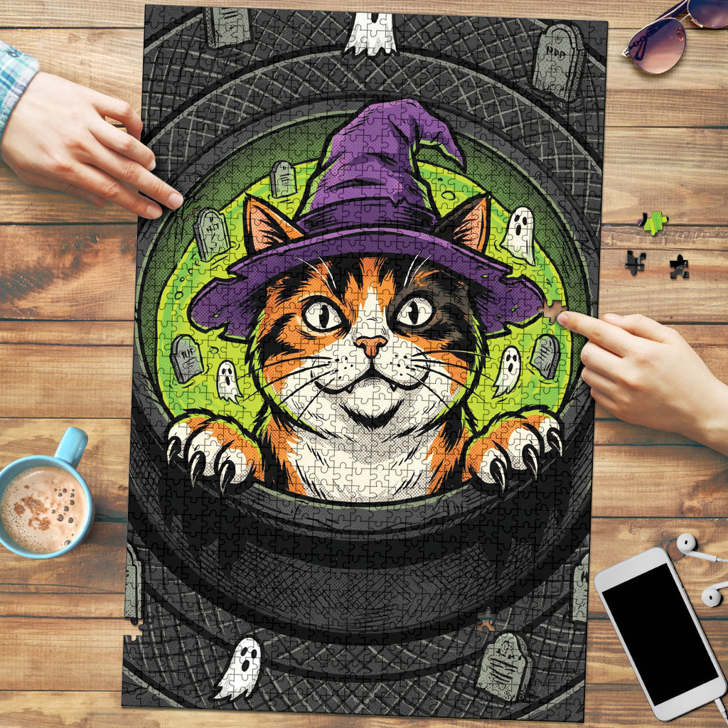 3D Illusion Calico Cat Halloween Puzzle Witchy Meow Feline Green Cauldron