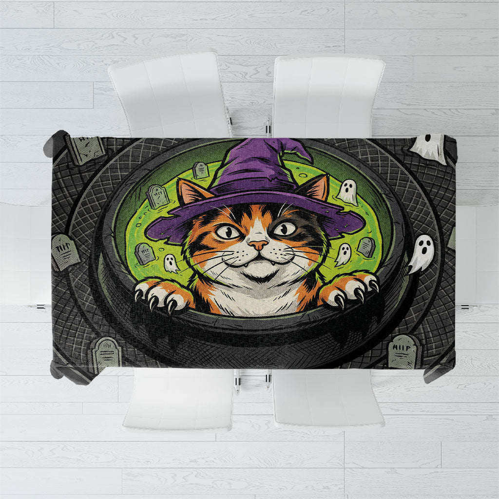 3D Illusion Calico Cat Halloween Tablecloth Witchy Meow Feline Green Cauldron