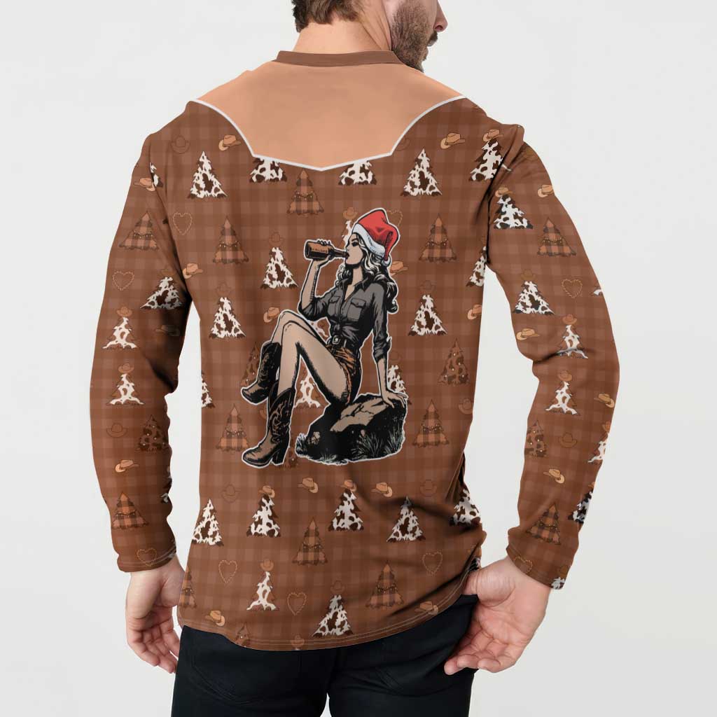 Western Yoke Button Sweatshirt Cowgirl Drinking Wine Christmas - Wonder Print Shop