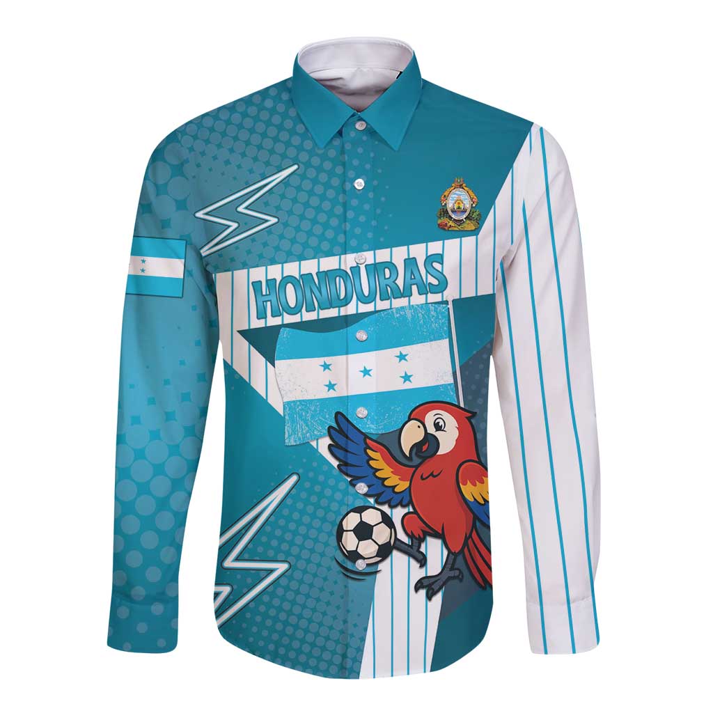 Personalized Honduras Football Long Sleeve Button Shirt Scarlet Macaw Mascot