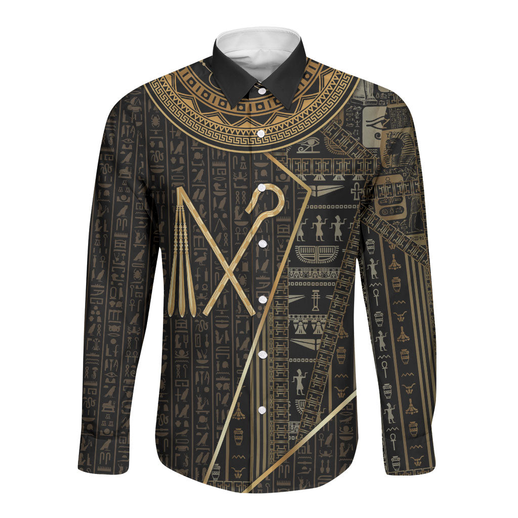 Egypt Crook And Flail Long Sleeve Button Shirt Ancient Mythology Pharaoh Royalty Gold