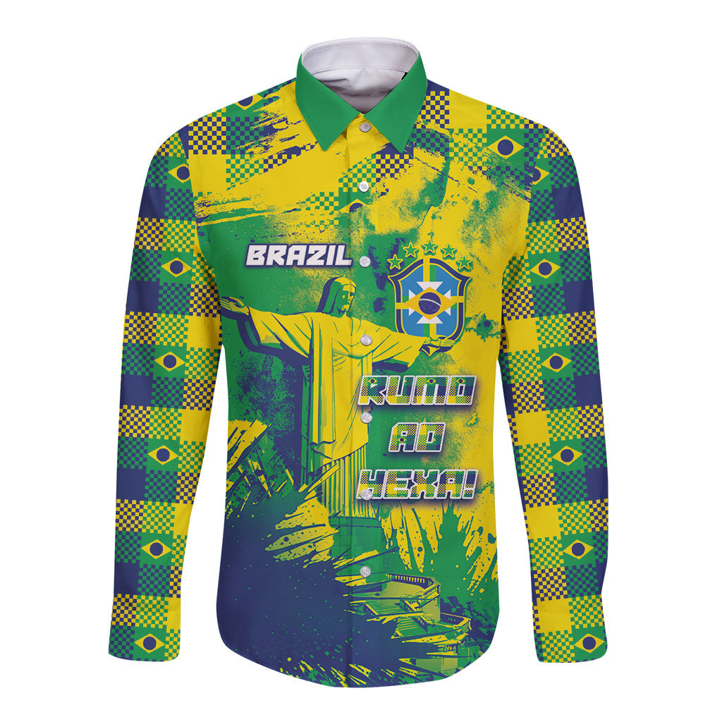 Custom Brazil Football Long Sleeve Button Shirt Rumo Ao Hexa Grunge Style