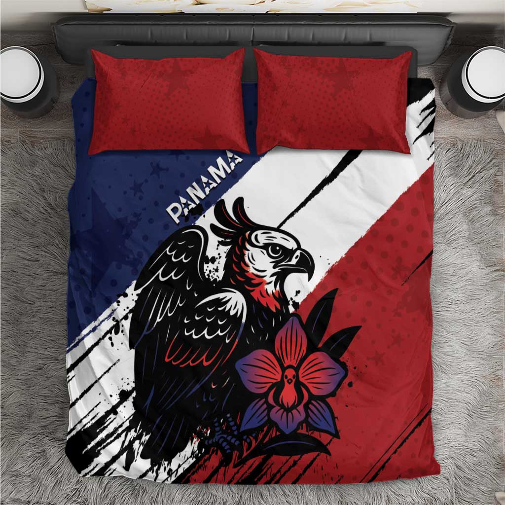 Bedding set with red, navy, white and black harpy eagle bird graphic and two matching pillowcases