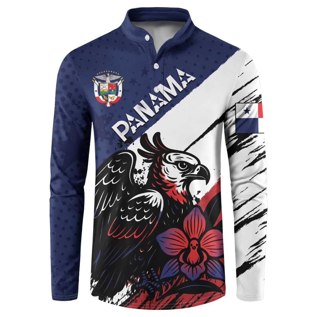 Navy button-front sweatshirt with eagle, red flower, and diagonal Panama text graphic