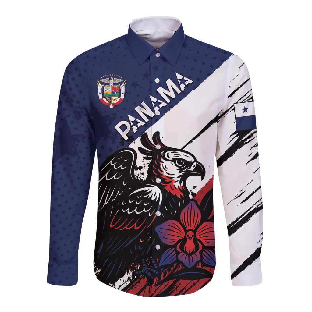 Navy long-sleeve button shirt with harpy eagle graphic, PANAMA text, and contrasting sleeves