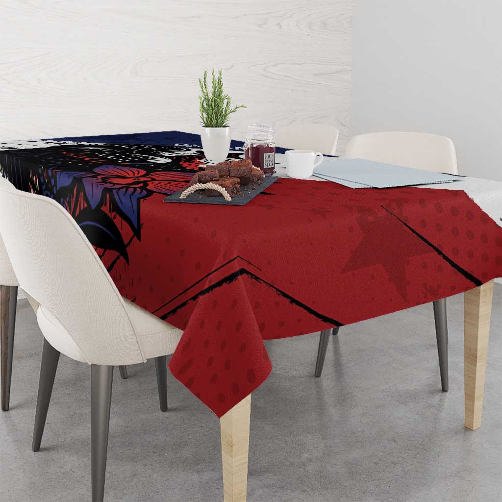 Navy and red eagle grunge tablecloth draped over a dining table