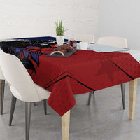 Navy and red eagle grunge tablecloth draped over a dining table