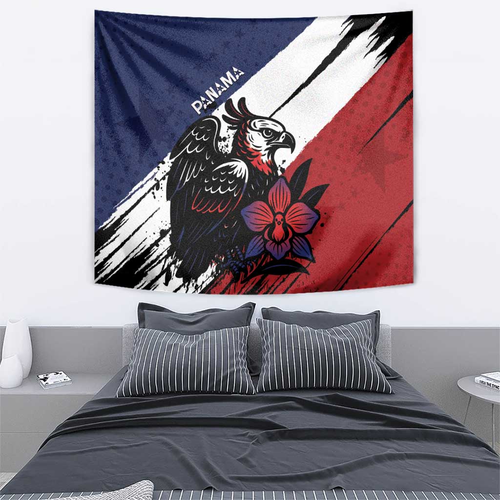 Hanging tapestry with harpy eagle, red flower, navy blue and red grunge stripes