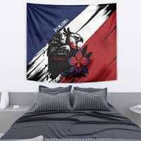Hanging tapestry with harpy eagle, red flower, navy blue and red grunge stripes