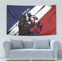 Navy and red harpy eagle tapestry with white slash stripe and red flower