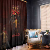 Maroon Ares warrior window curtains with bold character print on two hanging panels.