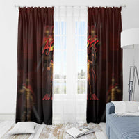 Maroon Ares warrior curtain set with rod-hung panels and dark printed character artwork.