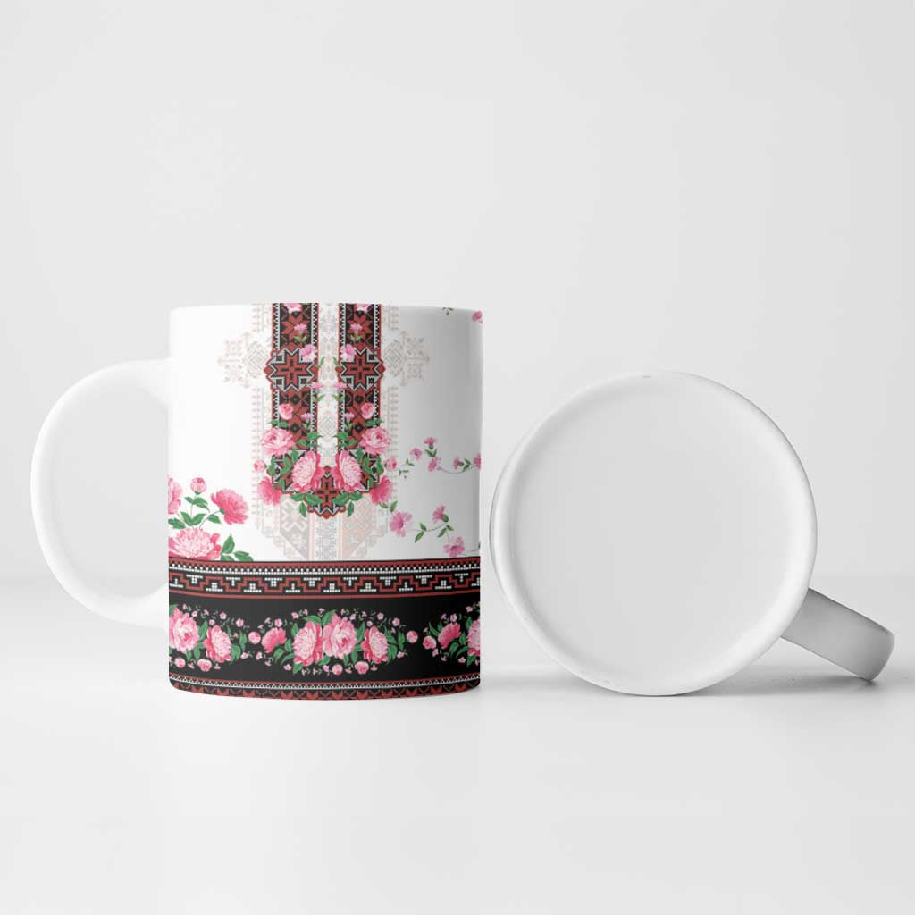 Red Romanian National Costume Ceramic Mug Peony Flowers Traditional Folk Pattern - Wonder Print Shop