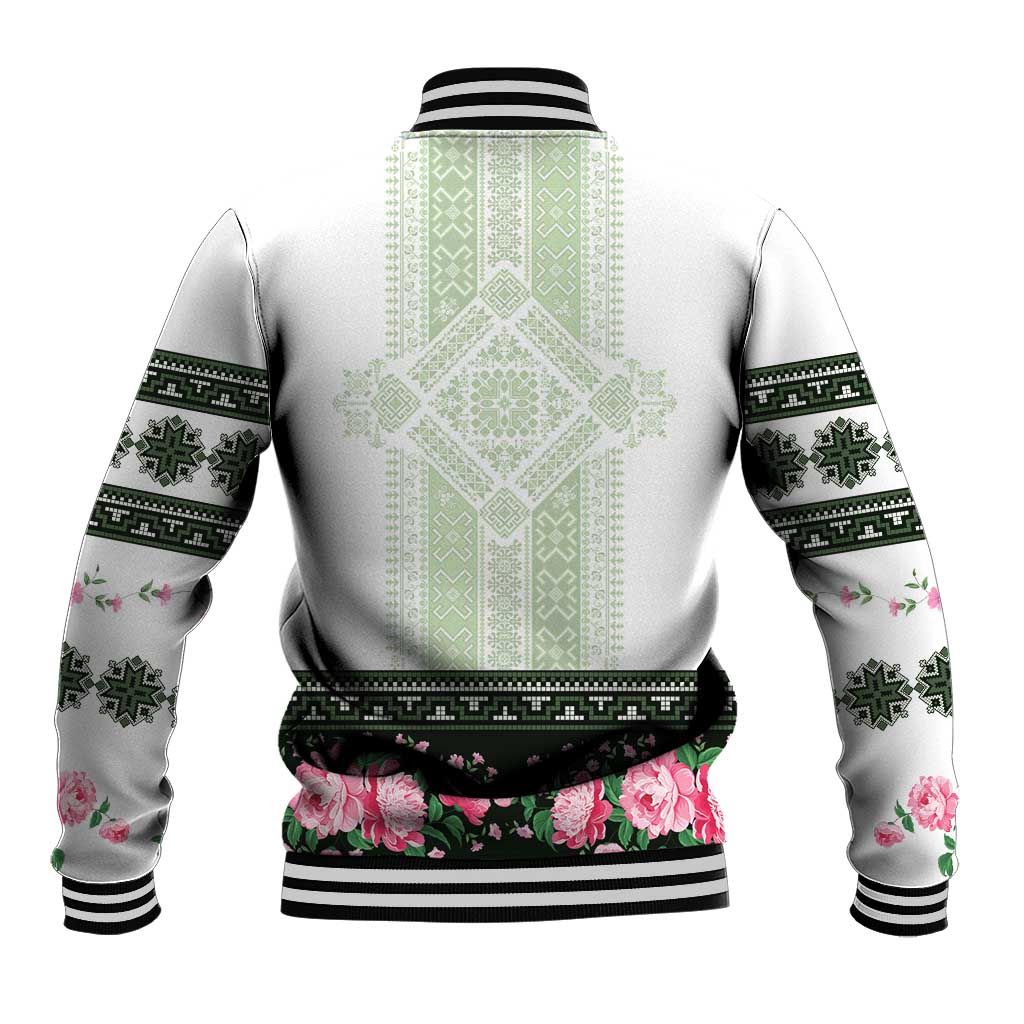 Green Romanian National Costume Baseball Jacket Peony Flowers Traditional Folk Pattern - Wonder Print Shop