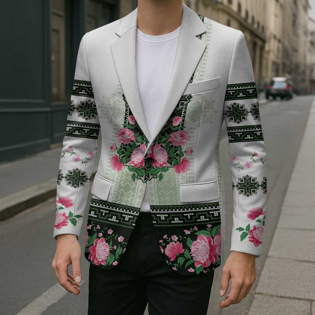 Green Romanian National Costume Blazer Peony Flowers Traditional Folk Pattern - Wonder Print Shop